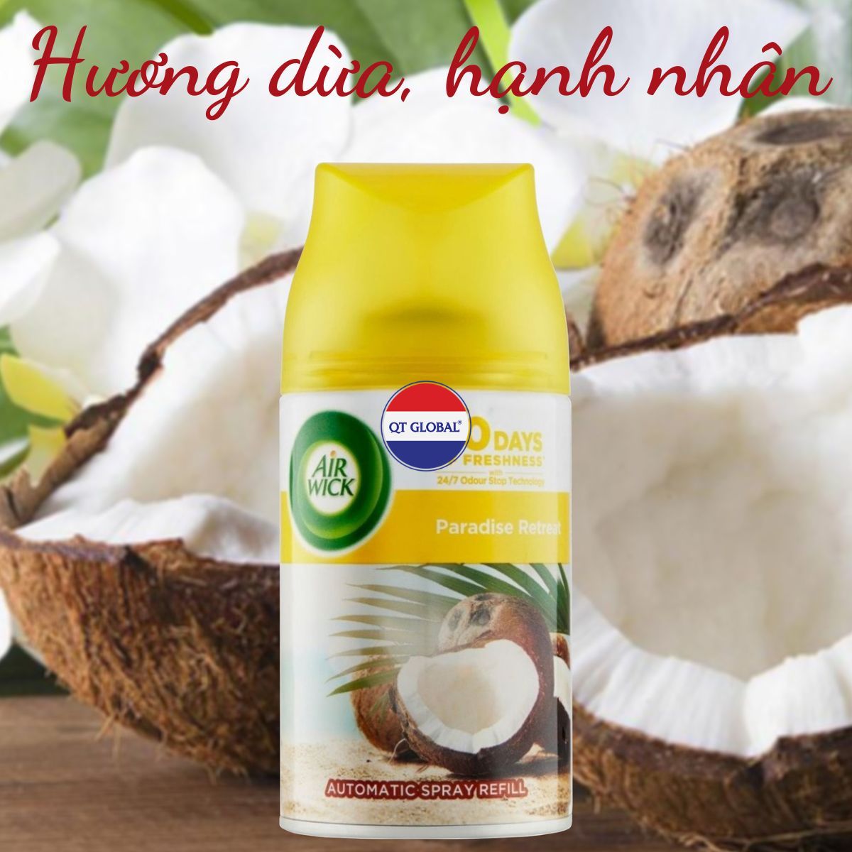 Bình xịt thơm phòng Air Wick Paradise Retreat 250ml QT005596 - hương dừa, hạnh nhân