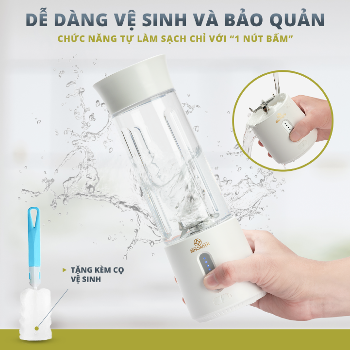 Máy Xay Sinh Tố Cầm Tay Benchusch PB801 - 500ml - 150W - Lưỡi Xay 6 Cánh Inox 304 - Pin Sạc 4000mAh - USB Type C - Hàng Chính Hãng