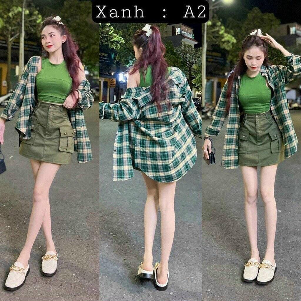 SET BỘ 3 MÓN ÁO BA LỖ CROPTOP MIX CHÂN VÁY KÈM ÁO KHOÁC SƠ MI CARO TAY DÀI CỰC NĂNG ĐỘNG