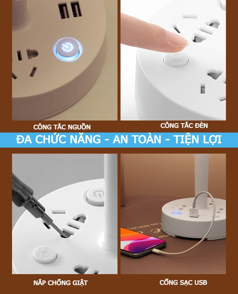 Đèn ngủ HUGAM có 3 ổ cắm điện công suất 2500w , 2 cổng sạc USB 5V/2A tặng kèm giá đỡ điện thoại