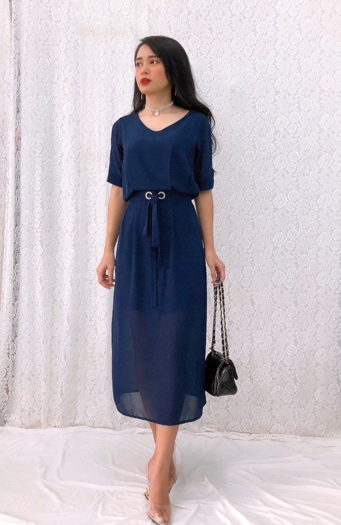 Đầm dự tiệc form dài voan chiffon xẻ tà sang trọng GR0144 - Hình thật shop chụp