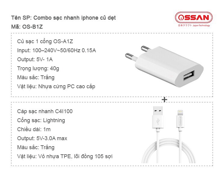 Combo sạc nhanh cho Iphone củ dẹt kèm cáp sạc dài 1m Ossan OS-B1Z - Hàng chính hãng