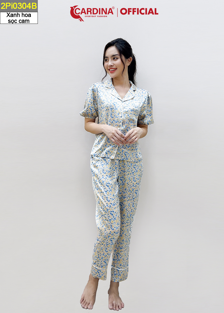 Đồ Bộ Pijama Nữ CARDINA Chất Lụa Satin Nhật Cao Cấp Áo Tay Phồng Quần Dài Họa Tiết Trẻ Trung 2Pi03