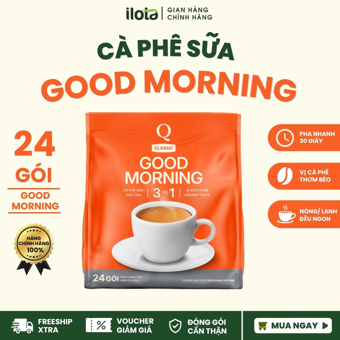 Cà Phê Sữa Hòa Tan Trần Quang GoodMorning Bịch 24 Gói