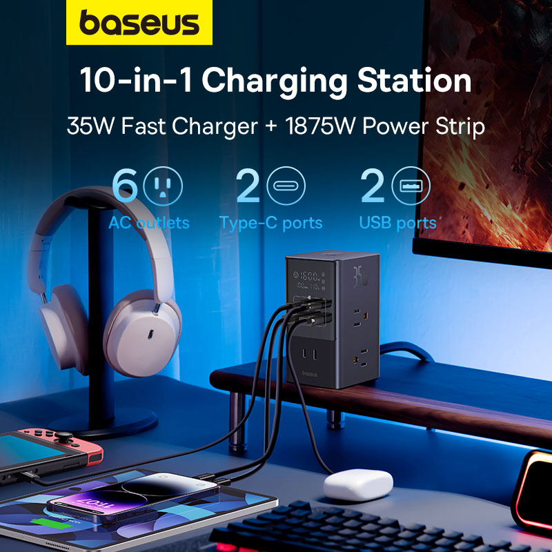 Bộ sạc nhanh dây nối dài 35W Baseus PowerCombo Tower Digital PowerStrip 3AC+2U+2C with 1.5m Power Cord- Hàng chính hãng