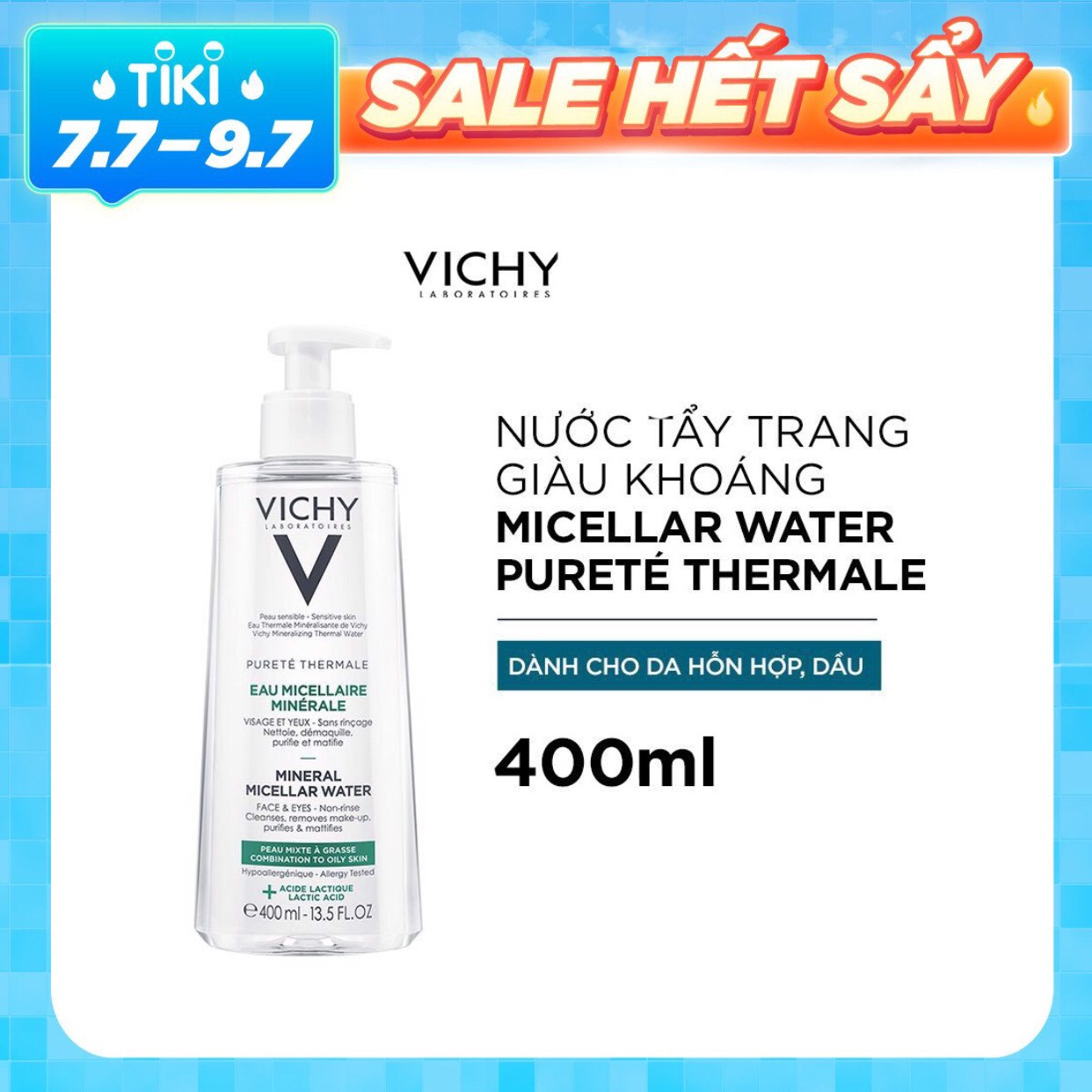 Nước Tẩy Trang Vichy Mineral Micellar Water Pureté Thermale Cho Da Hỗn Hợp Và Da Bóng Dầu 400ml