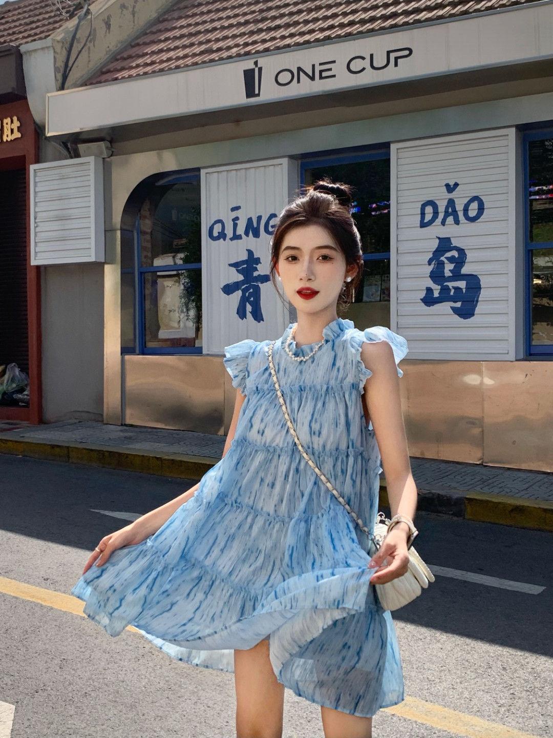 SHUANGYAN Váy ngắn tay áo nữ mùa hè kiểu Pháp, váy chữ A, váy ngắn thắt lưng.