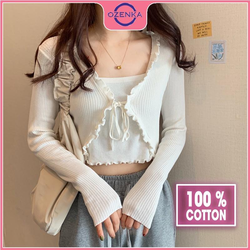 Áo cardigan croptop tay dài nữ OZENKA , áo khoác crt ôm body len gân 100% cotton thân 2 lớp màu đen trắng bánh bèo