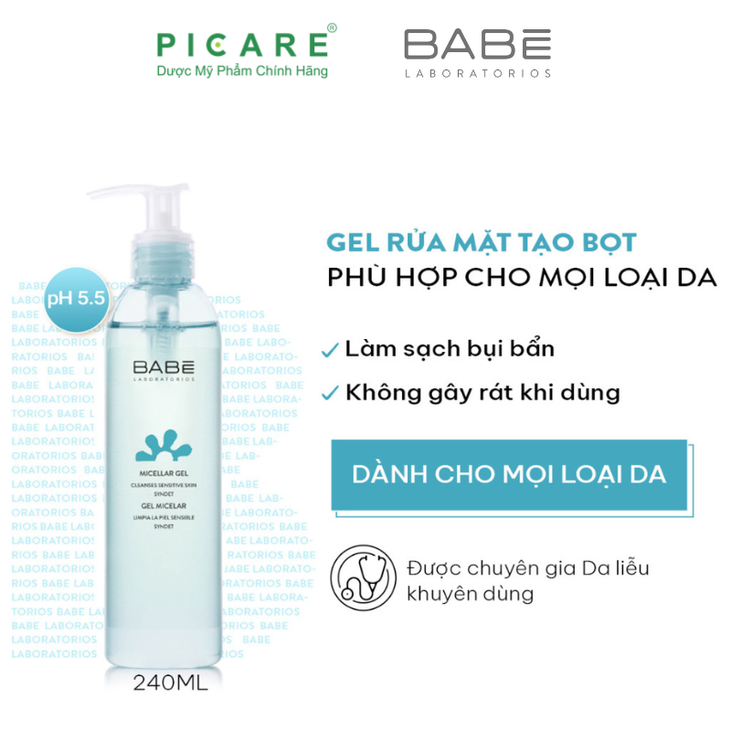 Sữa Rửa Mặt &amp; Tẩy Trang Dạng Gel Babé Micellar Gel 240ml Da Nhạy Cảm