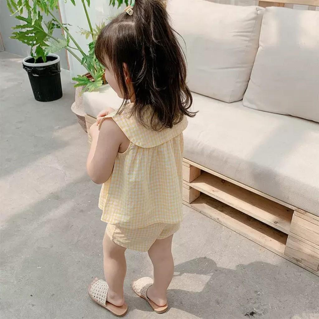 Set áo babydoll + quần đùi họa tiết caro hàng Quảng Châu cao cấp cho bé