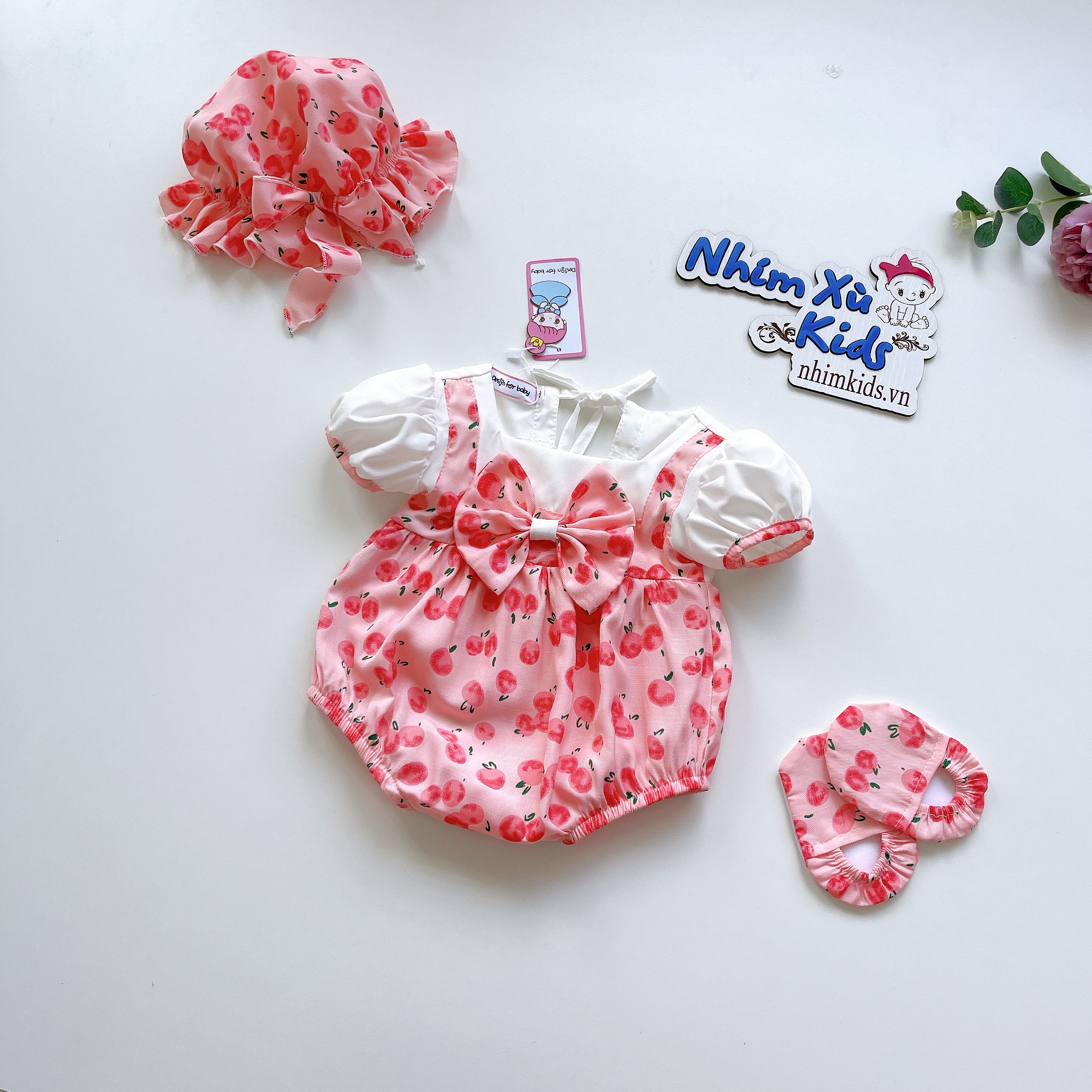 Body Hoạ Tiết Quả Mọng Xinh Xắn Cho Bé Gái Sơ Sinh Đến 12kg, Bodysuit Kèm Nón Và Giày Cho Bé Gái