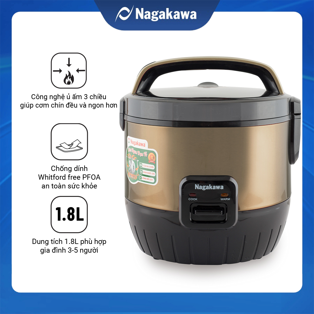 Nồi Cơm Điện Nắp Gài 3D Nagakawa NAG0119 - Gold - Hàng Chính Hãng