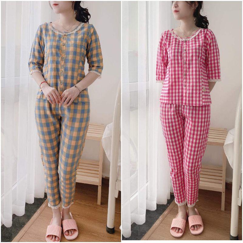 Quần áo mặc nhà kẻ cổ bèo cao câp