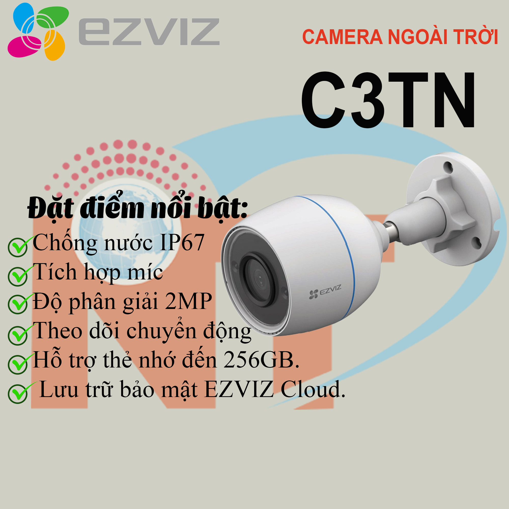 Camera Có Màu Ban Đêm IP hồng ngoại không dây 2.0 3.0 Megapixel EZVIZ C3TN  - Hàng Chính Hãng