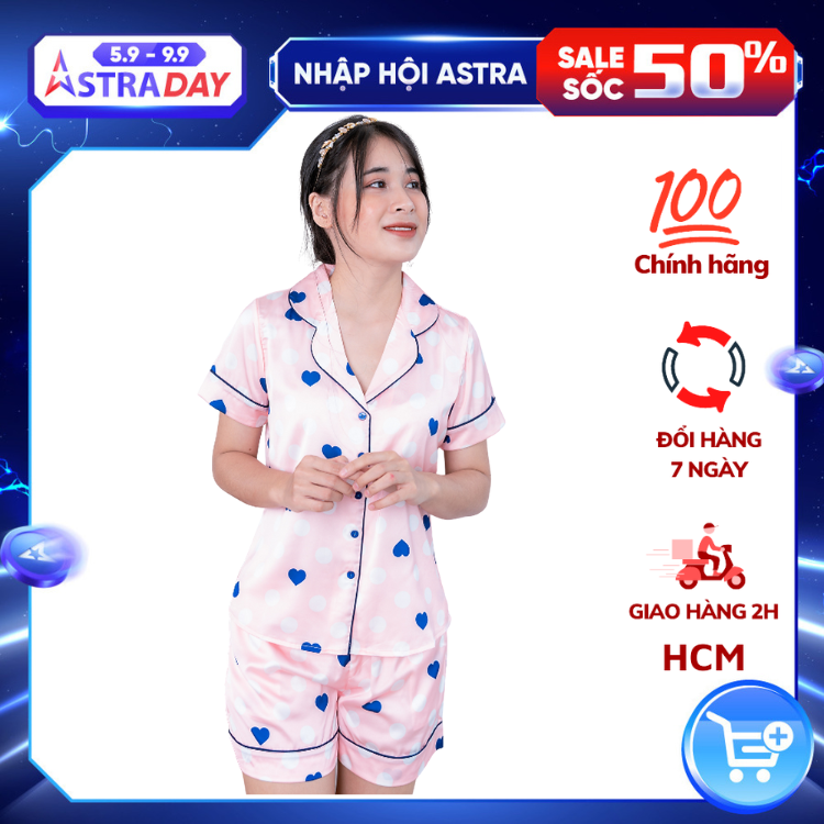 Bộ Đồ Pijama Nữ, đồ bộ Mặc Nhà Quần đùi tay cộc VILADY B152 Chất liệu Lụa Pháp (Lụa Latin) cao cấp Họa tiết Tim Bi Màu Hồng cam
