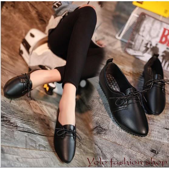 Giày oxford nữ đế bằng da mềm mũi nhọn buộc dây đơn giản
