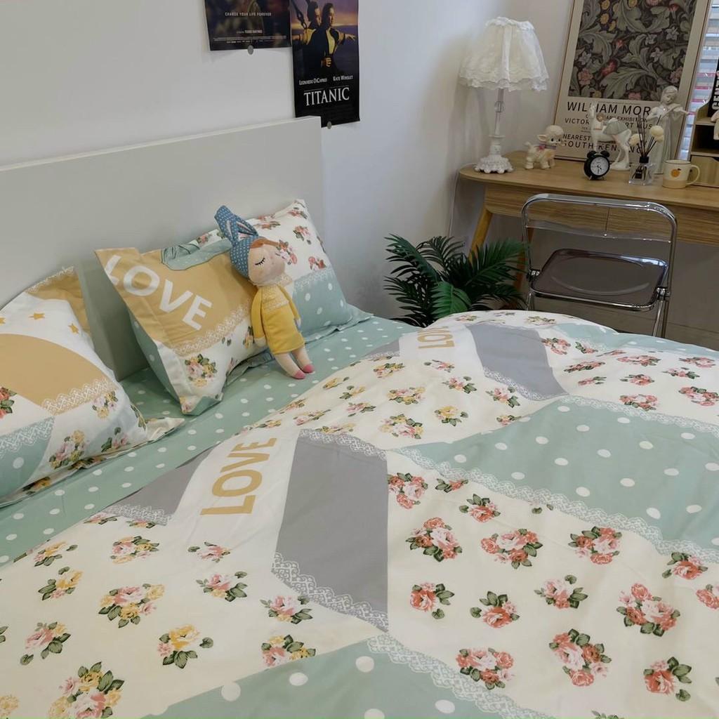 Bộ chăn ga gối Cotton Poly M2T bedding cánh hoa xanh, vỏ chăn mền, drap giường và 2 vỏ gối