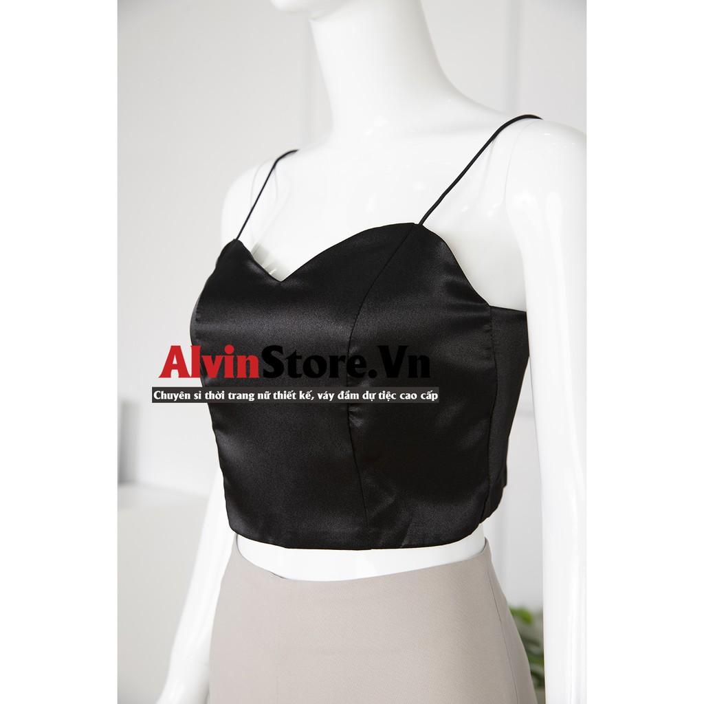 Áo Croptop Ôm Hai Dây Lụa Đen Cao Cấp Và Quần Ống Suông