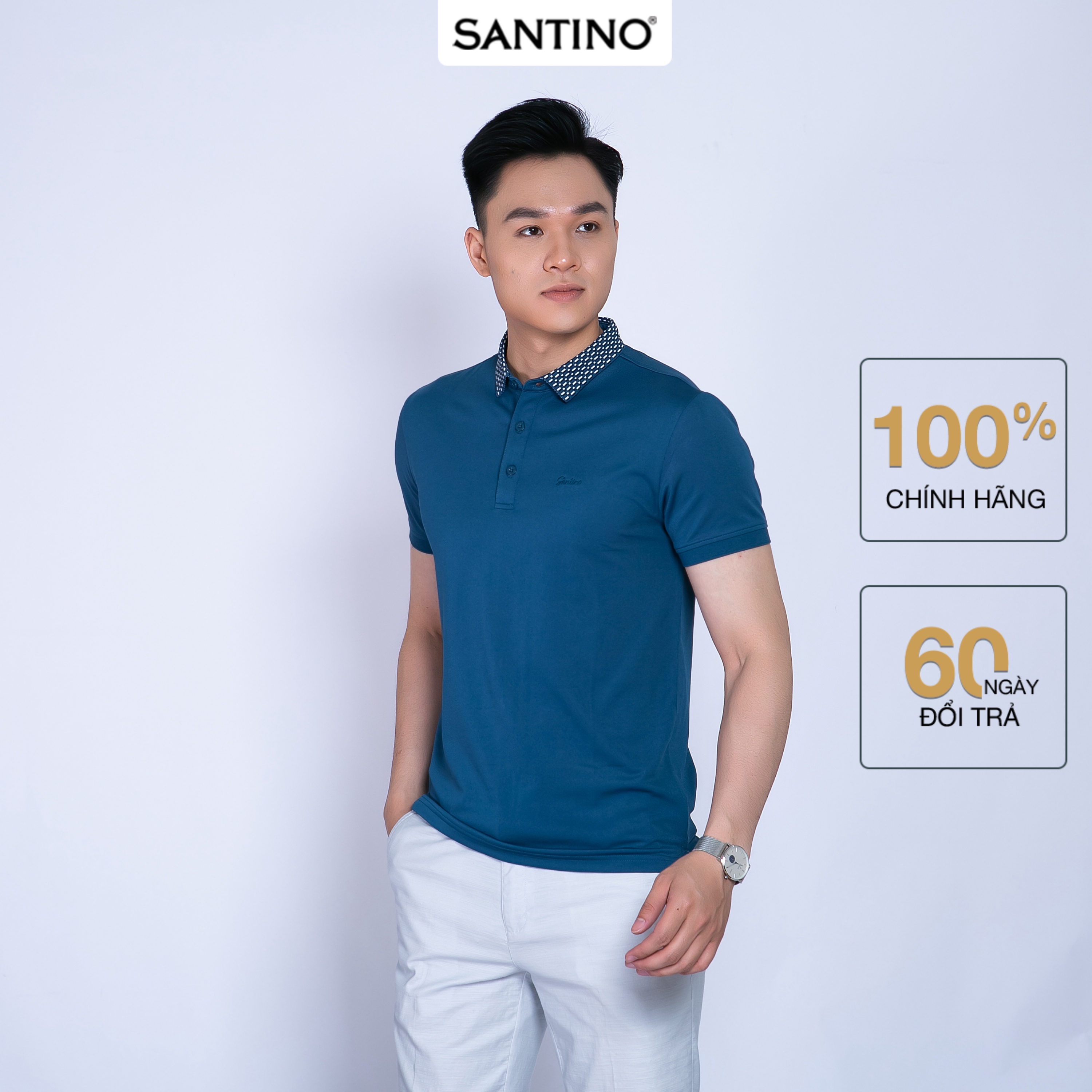 Áo Polo nam Cá Sấu SANTINO form chuẩn, xanh phối bo cổ, co giãn, chống nhăn - E005