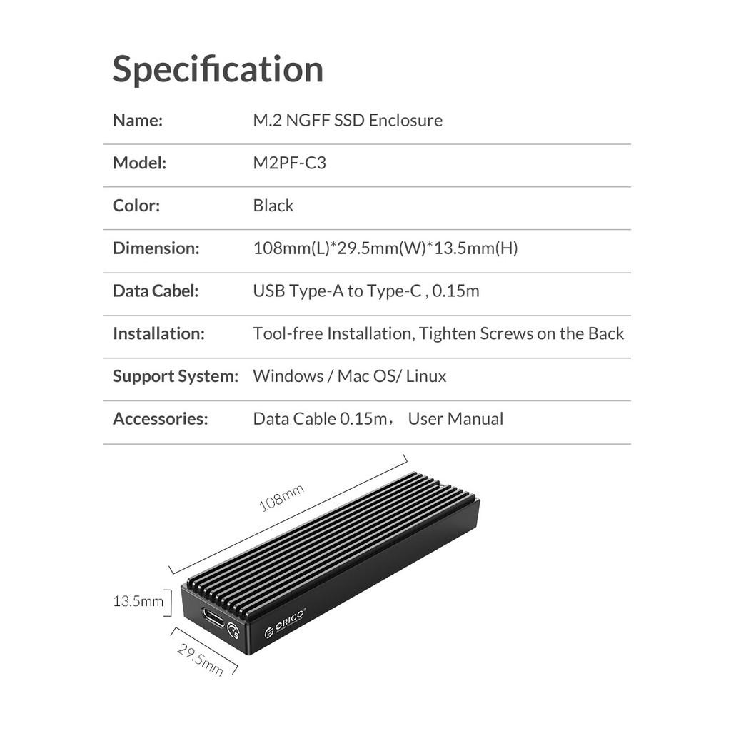 Hộp gắn SSD ORICO M2 Sata Type C gen 1.