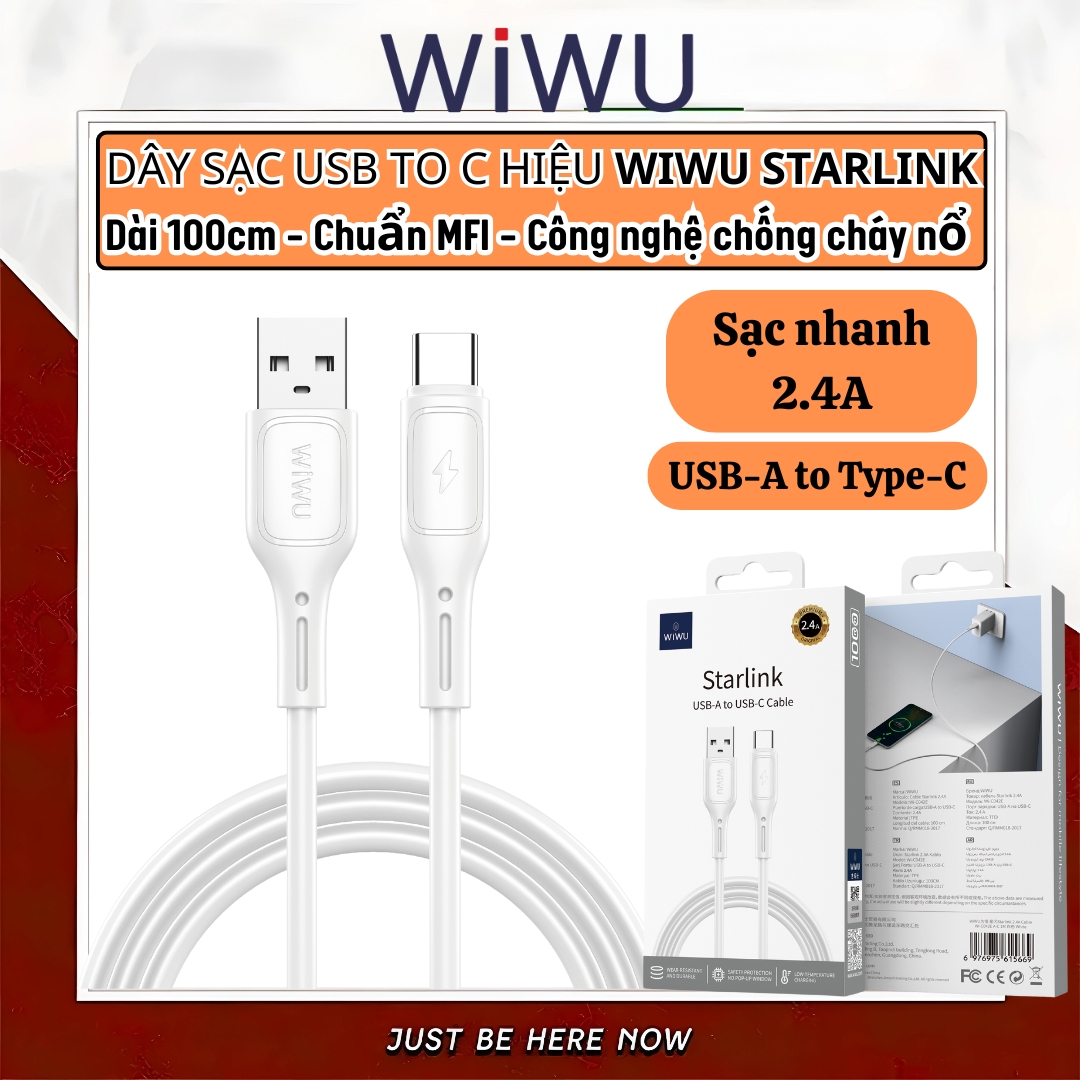 Dây cáp sạc nhanh 2.4A USB-A to Type C Hiệu WIWU Starlink - Chuẩn sạc MFI, chống rối, đầu cáp siêu bền, công nghệ AI chống cháy nổ iP 15 16 Pro Max iPad Pro S21 S22 S23 S24 Redmi cho Oppo - Hàng nhập khẩu