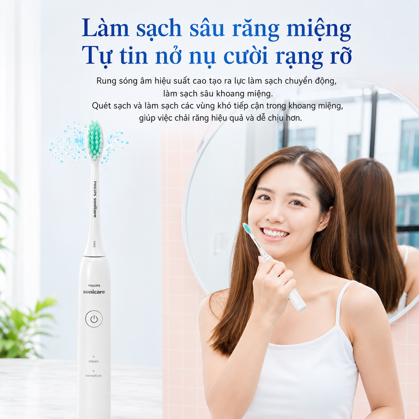 Bàn chải đánh răng điện Philips Sonicare HX2421 tích hợp 2 chế độ làm việc Clean, Sensitive - Hàng Nhập Khẩu