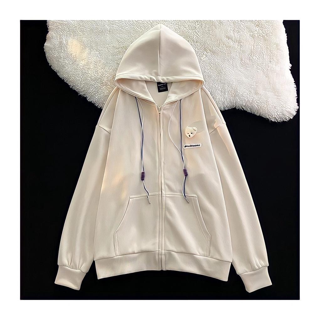 Áo Hoodie Zip Unisex Nam Nữ Hình Gấu Studio Nỉ Gân