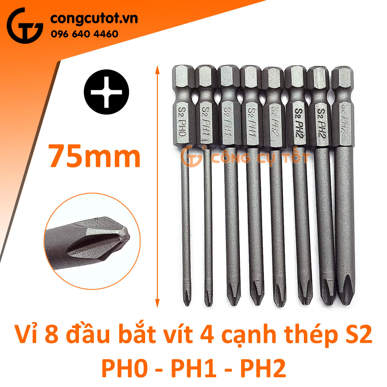 Vỉ 8 đầu bắt vít 4 cạnh chuôi lục thép S2 PH0 - PH2 dài 75mm