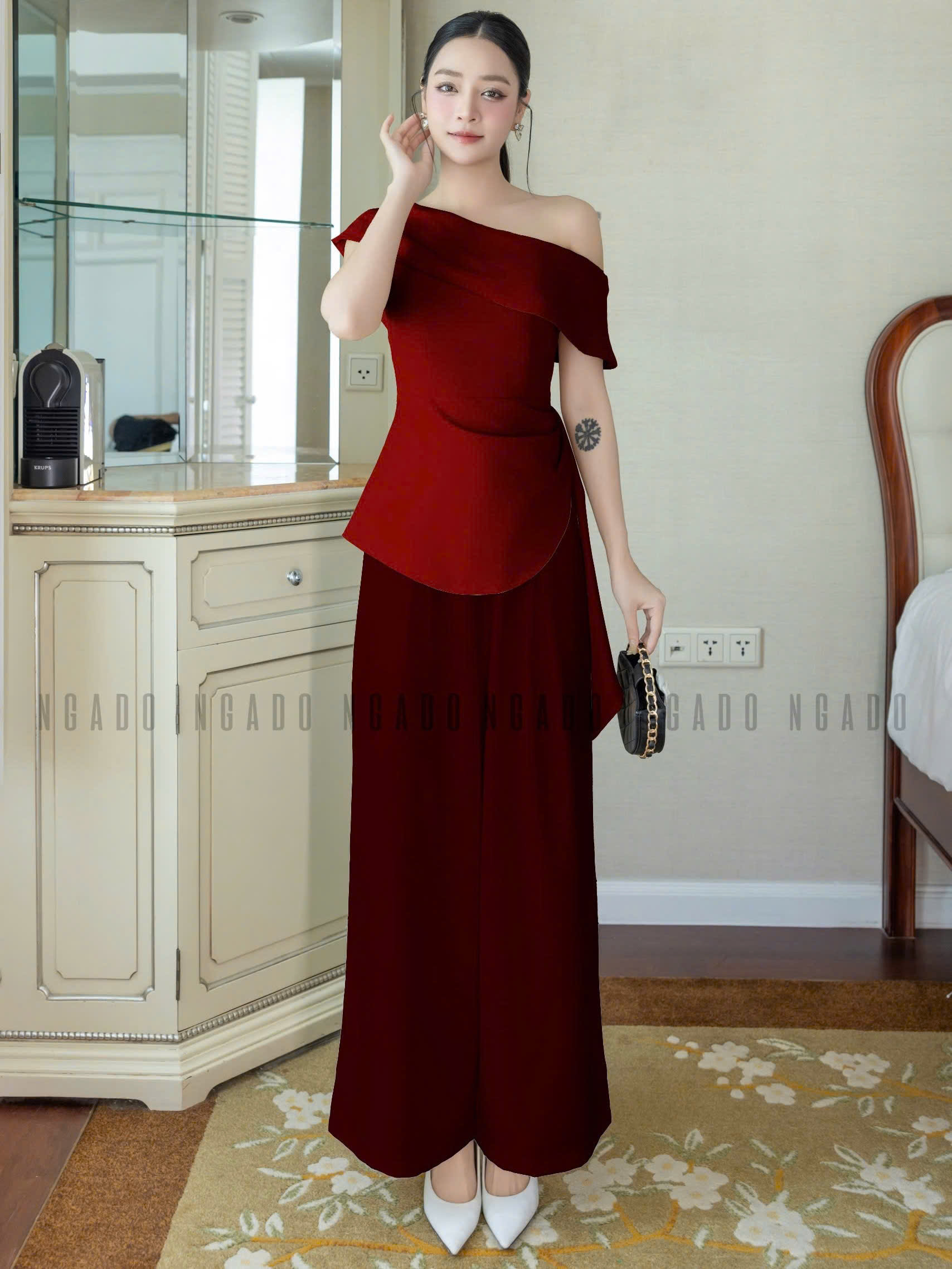 Set áo quần đỏ lệch vai NGADO , set áo quần dài , set bộ Nữ , set công sở , dự tiệc