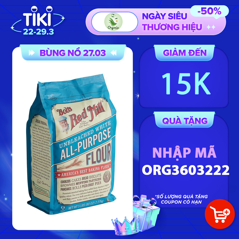 Bột mì đa dụng không tẩy Unbleached All Purpose Flour Bob's Red Mill 2.27kg