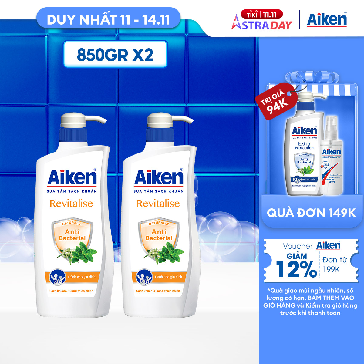 Aiken Combo 2 Sữa Tắm Sạch Khuẩn Chiết Xuất Bạc Hà 850g/Chai