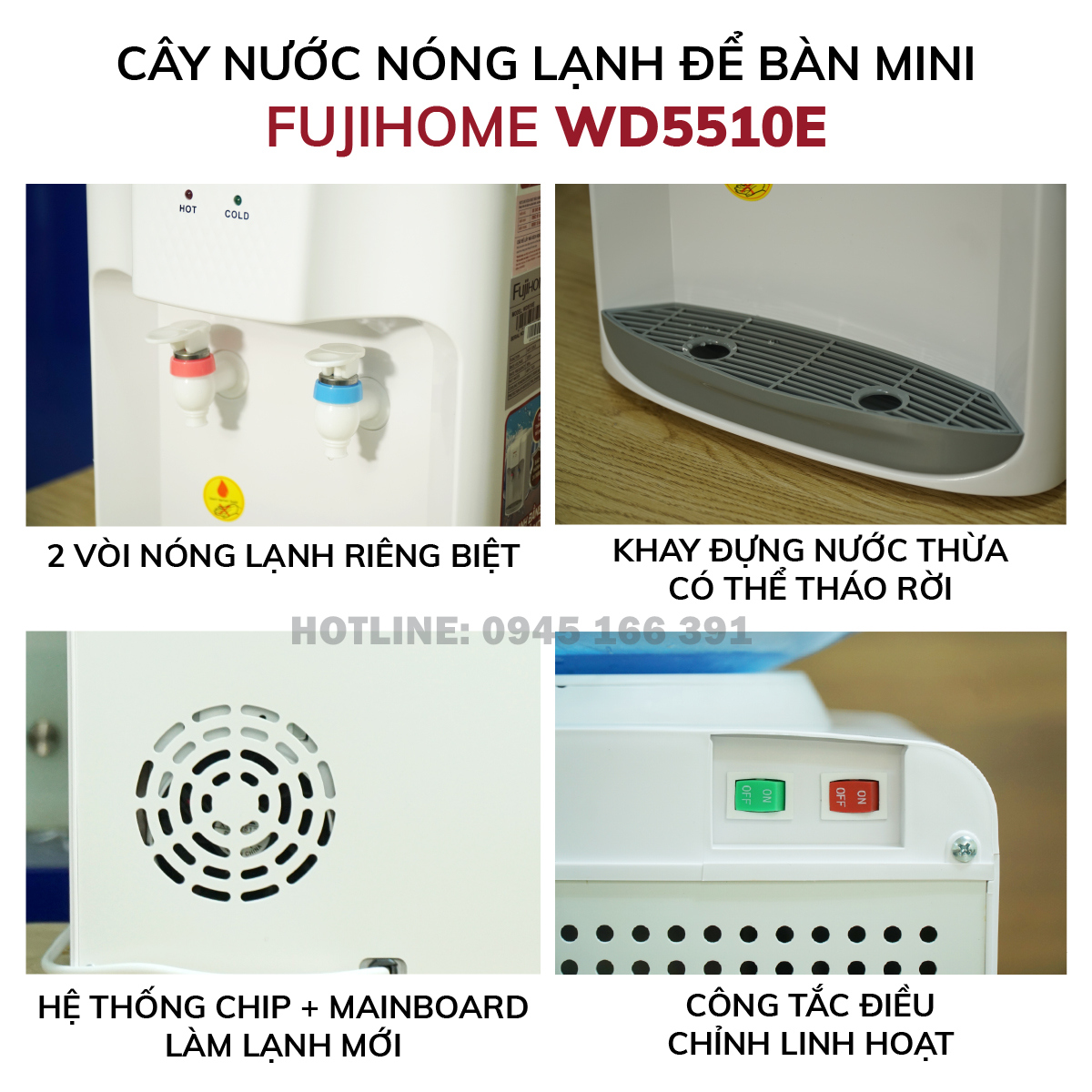 Cây nước nóng lạnh để bàn Nhật Bản Fujihome WD5510E tiết kiệm điện, bình lọc tủ máy lọc nước nóng lạnh mini- Hàng Nhập Khẩu