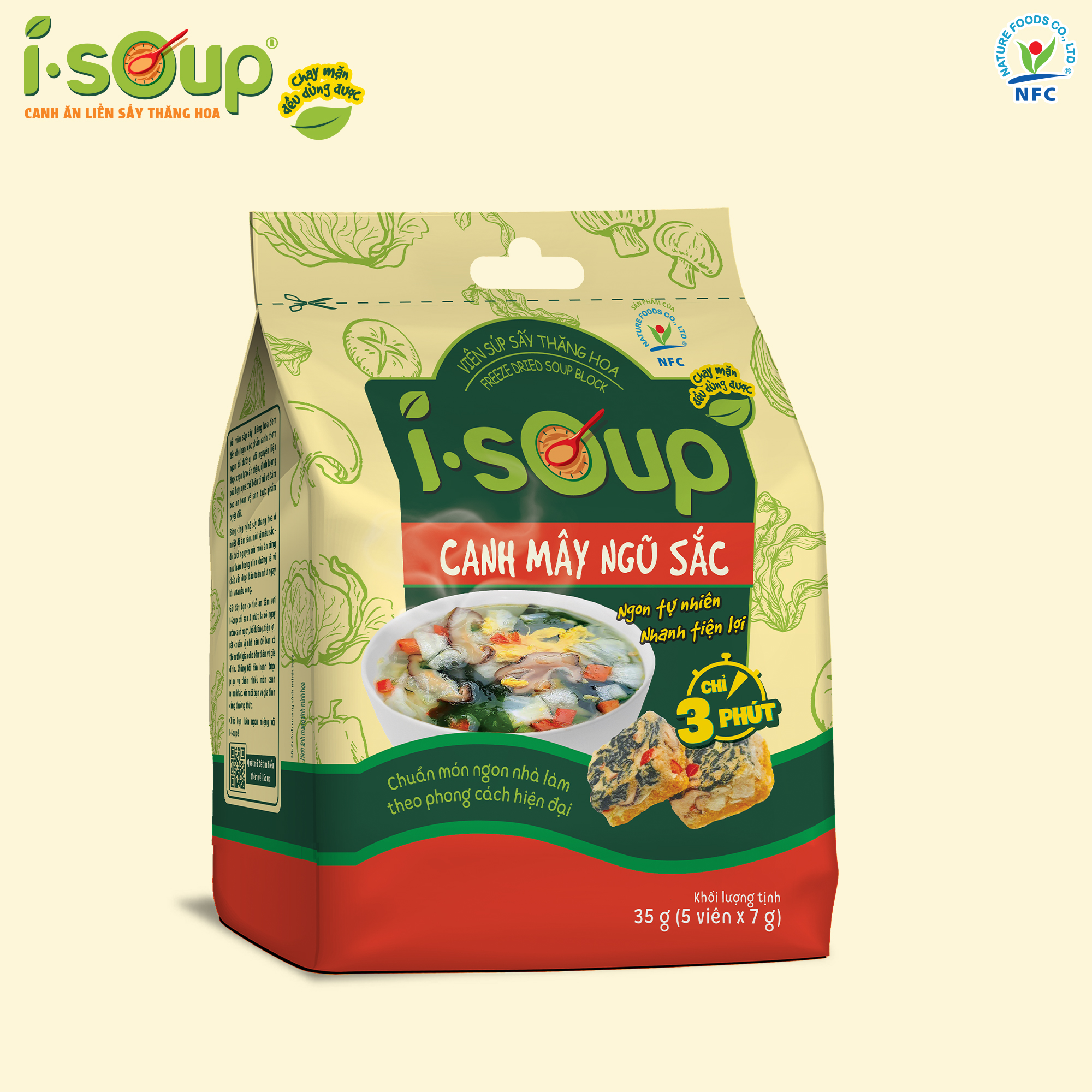 Combo 3 Túi Canh Chay ISOUP (Mây+ Súp Nấm + Rau Củ) - Canh Ăn Liền Sấy Thăng Hoa