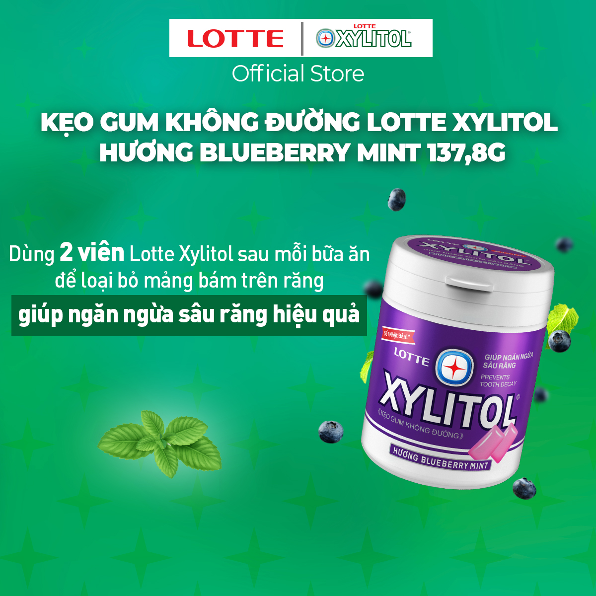 Kẹo Gum không đường Lotte Xylitol - Hương Blueberry Mint 130,5 g