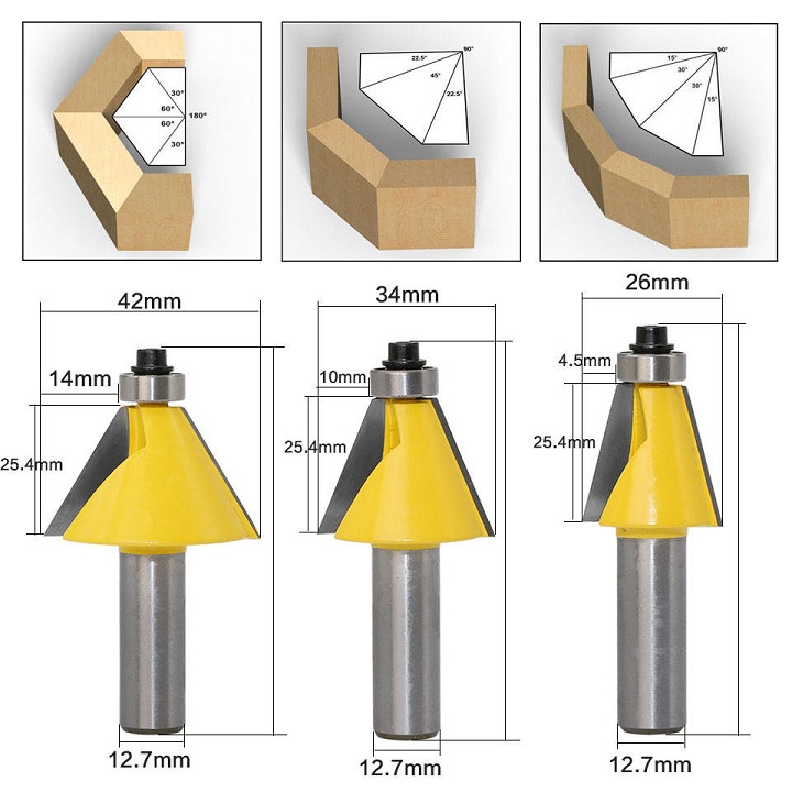 Bộ 3 mũi phay gỗ vát góc chéo 15 độ , 22,5 độ , 30 độ