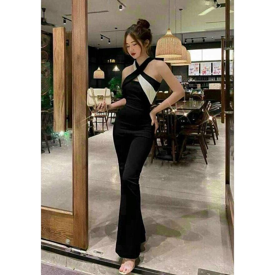 Jumpsuit nữ cổ yếm quần ống rộng phối màu trắng chất liệu umi mẫu có mút ngực 1 màu như hình ( đen )