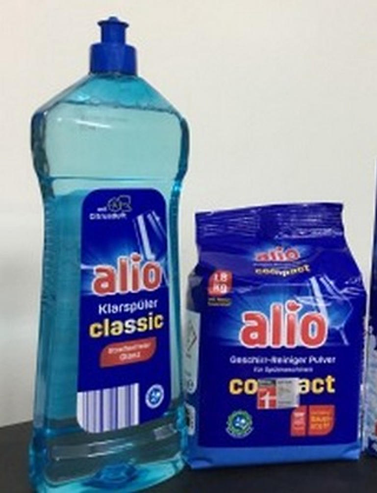 Combo muối rửa bát Đức Akio2kg + nước làm bóng Alio 1000 ml