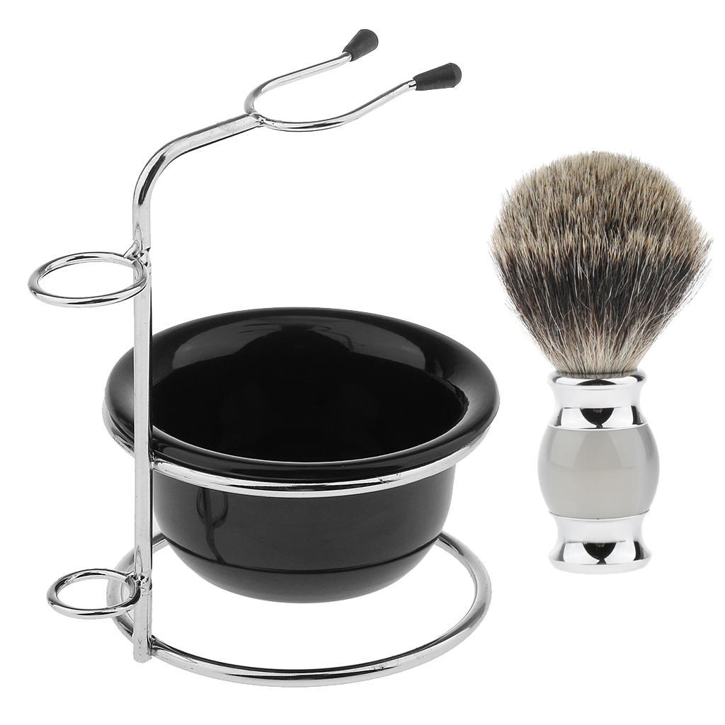 Male's Mustache Beard Shaving Brush + Safety Stainless Stand Rack + ABS Bowl Mug