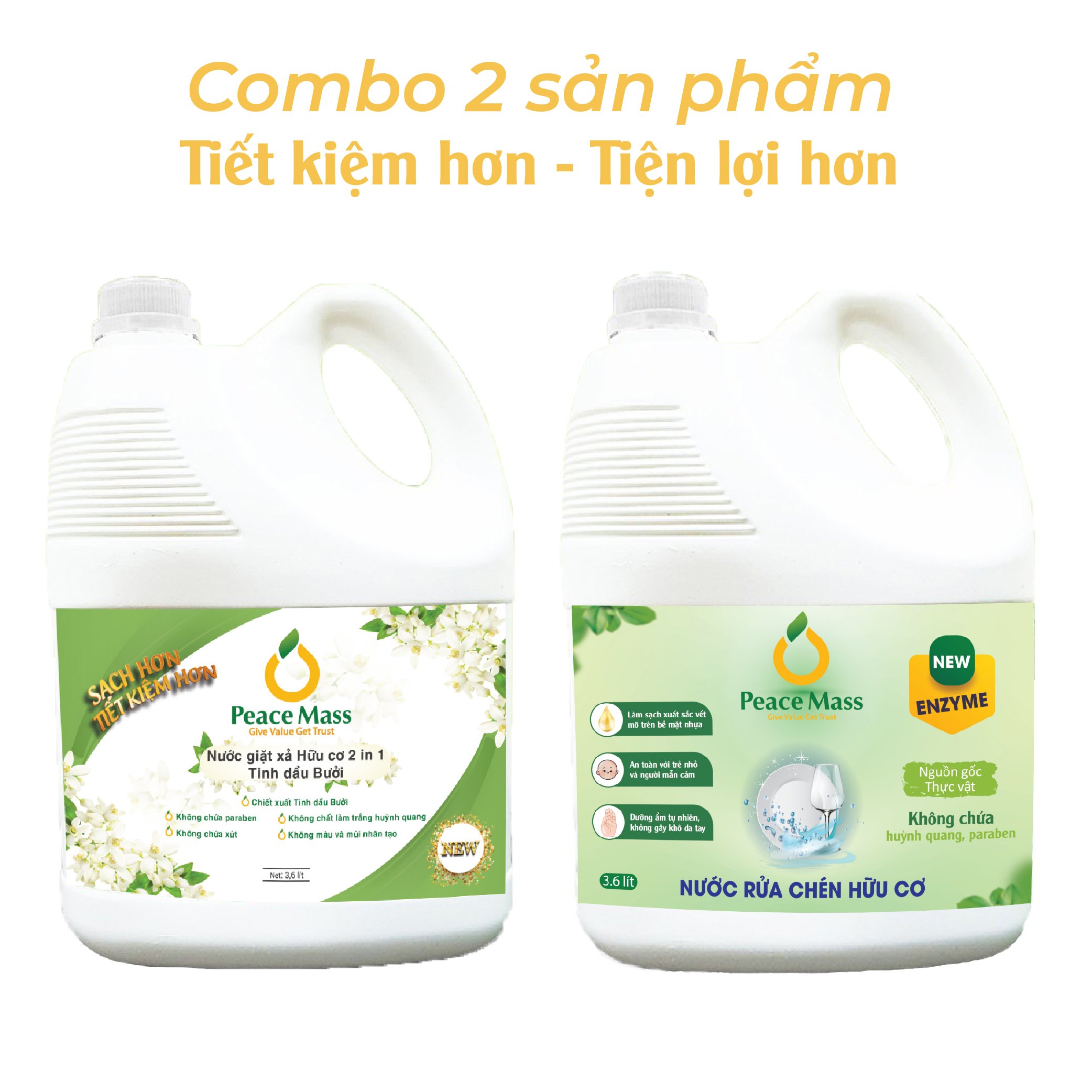 Combo Sản Phẩm Gốc Thực Vật  Peace NGB3 Mass - Nước Giặt Xả 2 in 1 3.6l + Nước Rửa Chén 3.6 lít (Thuộc nhóm Sản phẩm Lành tính / Hữu cơ)