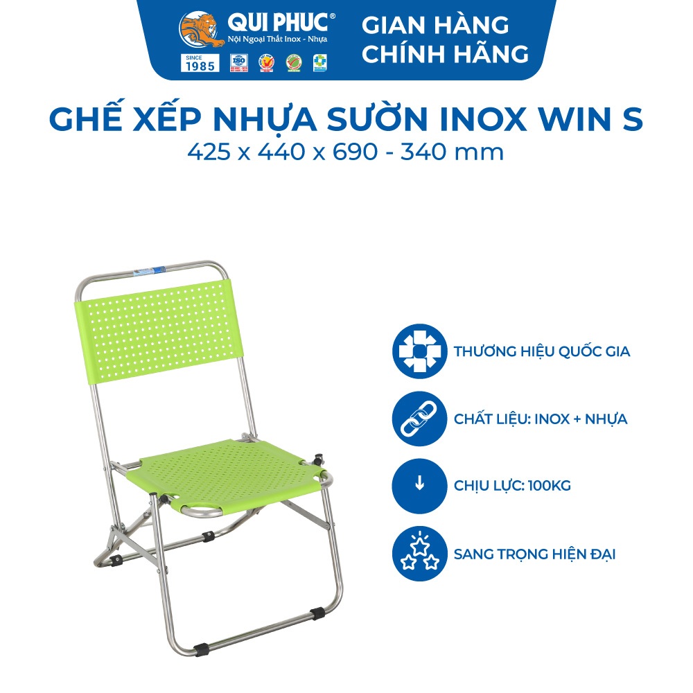 [Chính hãng Qui Phúc] Ghế xếp trà chanh, cà phê sườn nhựa lưng thấp, chân inox chắc chắn