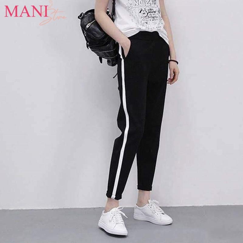 Quần thể thao nữ dài 1 sọc to trắng dáng baggy có túi vải Umi - Quần Jogger dây rút nữ cạp chun màu Đen đi học thể dục