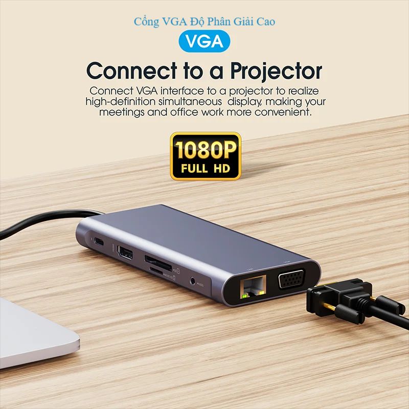 Hub Type C FIRO 11in1 - Hub Chuyển Đổi Type C To HDMI Chuẩn HDTV - 1 Cổng HDMI 4K, 1 Cổng VGA, 1 Cổng Mạng Lan, 1 Cổng Type C PD, 4 Cổng USB 3.0&amp;2.0, 2 Khe Đọc Thẻ TF/SD, 1 Cổng Audio - Kết Nối Tốc Độ Cao-Dùng Cho Smartphone/Laptop/PC/Tivi-Hàng Chính Hãng