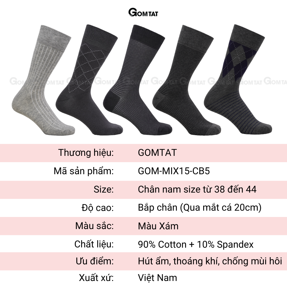 Hộp 5 đôi tất vớ nam cổ cao công sở đi giày tây GOMTAT màu xám họa tiết, cotton cao cấp khử mùi - GOM-MIX15-CB5