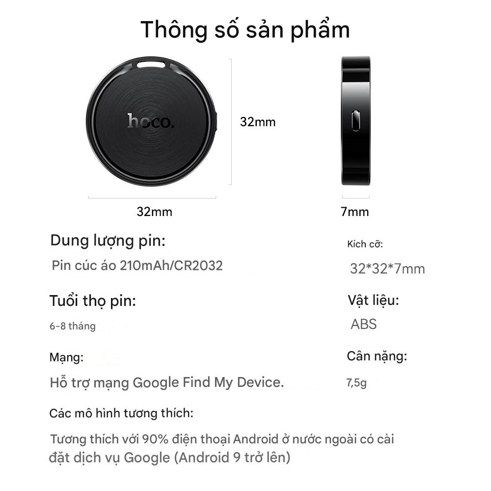 Thiết bị định vị thông minh không dây HOCO E96A Busca dành cho Android Hỗ trợ Google Find My Network chống thất lạc chìa khóa, ví tiền, xe, hành lý - Hàng chính hãng