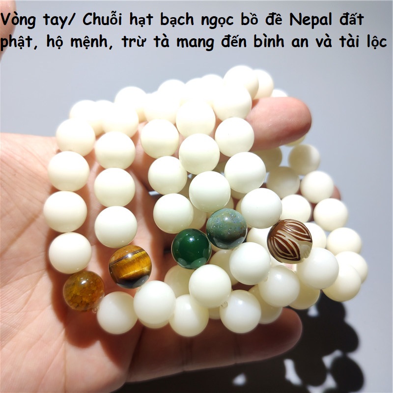 Vòng tay phong thủy bạch ngọc bồ đề làm từ hạt bồ đề Nepal, hộ mệnh trừ tà giúp tài lộc, kèm túi nhung cung hỷ