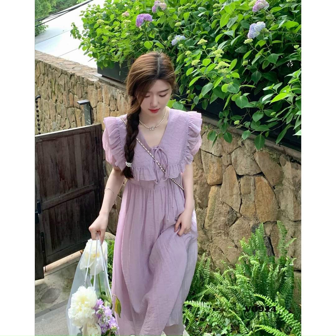 Đầm bèo cột nơ màu tím siêu dễ thương