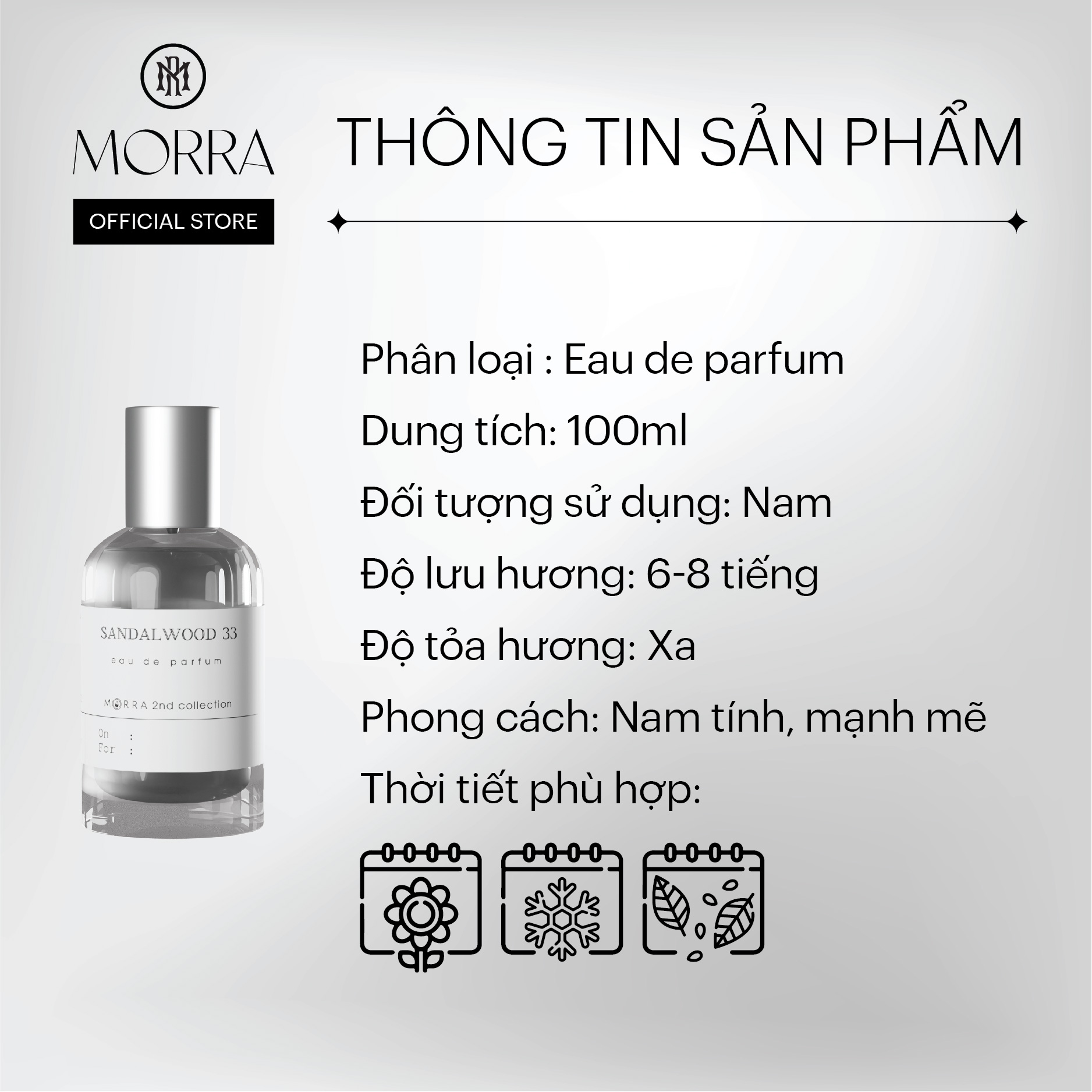 Nước Hoa Nam Morra Sandalwood 33 Chai 100ml Nguyên Liệu Nhập Pháp Hương Thơm Cổ Điển, Nam Tính, Phóng Khoáng - Dạng Xịt