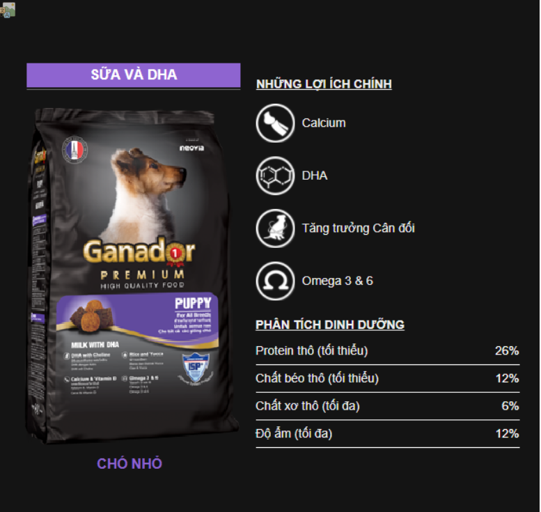 20KG Thức ăn cho chó con Ganador vị Sữa và DHA - Ganador Puppy milk with DHA - Thức ăn hạt cho chó con