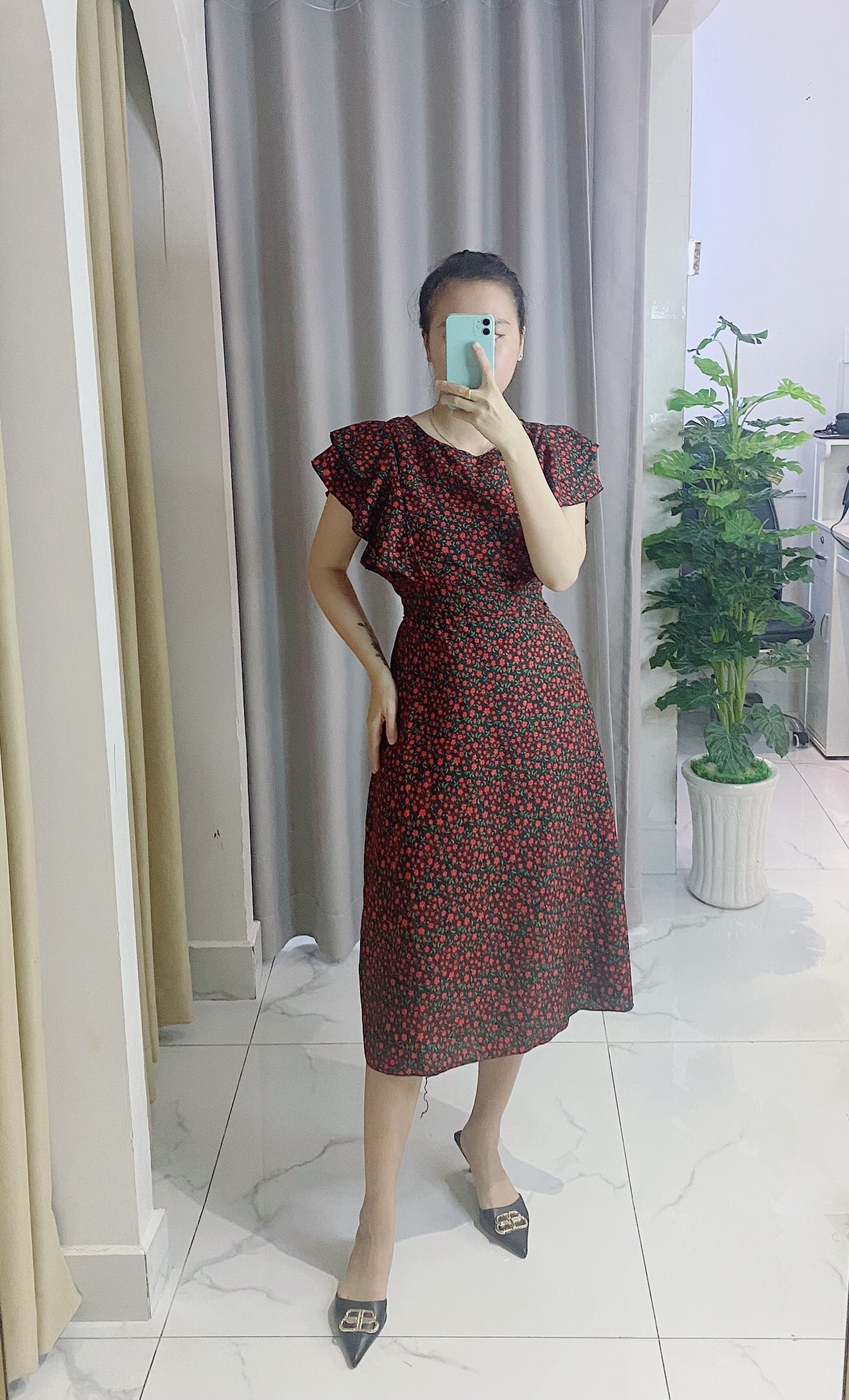 Váy đầm nữ công sở đẹp,Váy nữ thời trang tiểu thư tiệc cưới, váy hoa nhí chữ A tay bèo V014