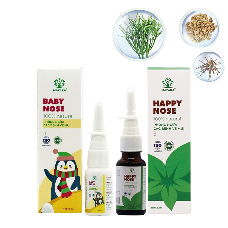 Xịt mũi Matara Happy Nose và Baby Nose cho cả gia đình. Bảo vệ sức khỏe cho cả gia đình, dứt điểm ngạt mũi, sụt sịt, viêm xoang cấp và mãn tính, viêm mũi dị ứng